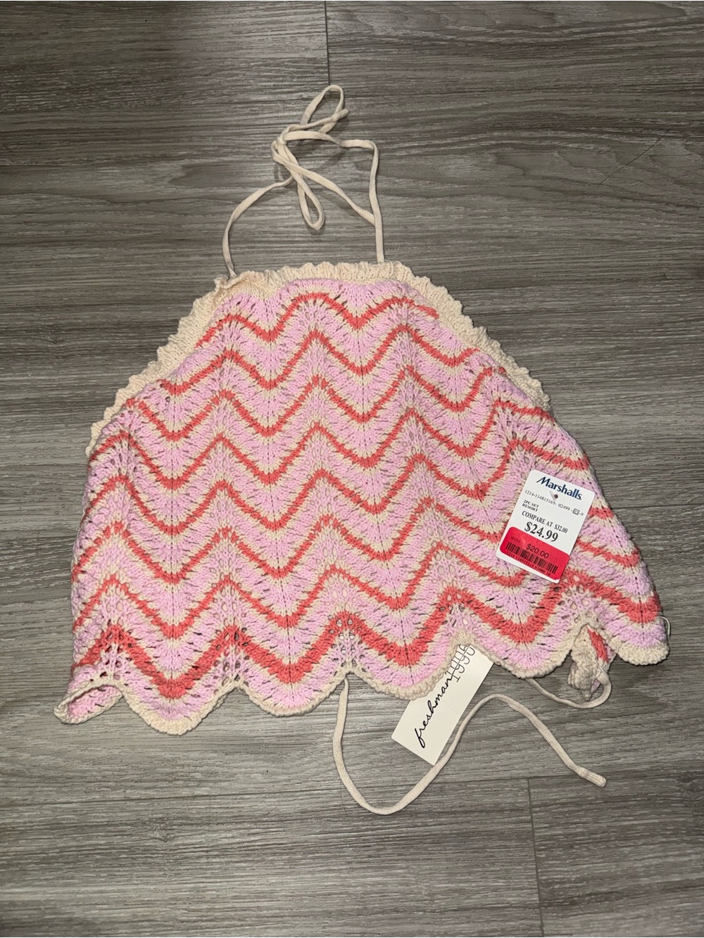 Pink Chevron Crochet Halter Crop Top with Cream Trim